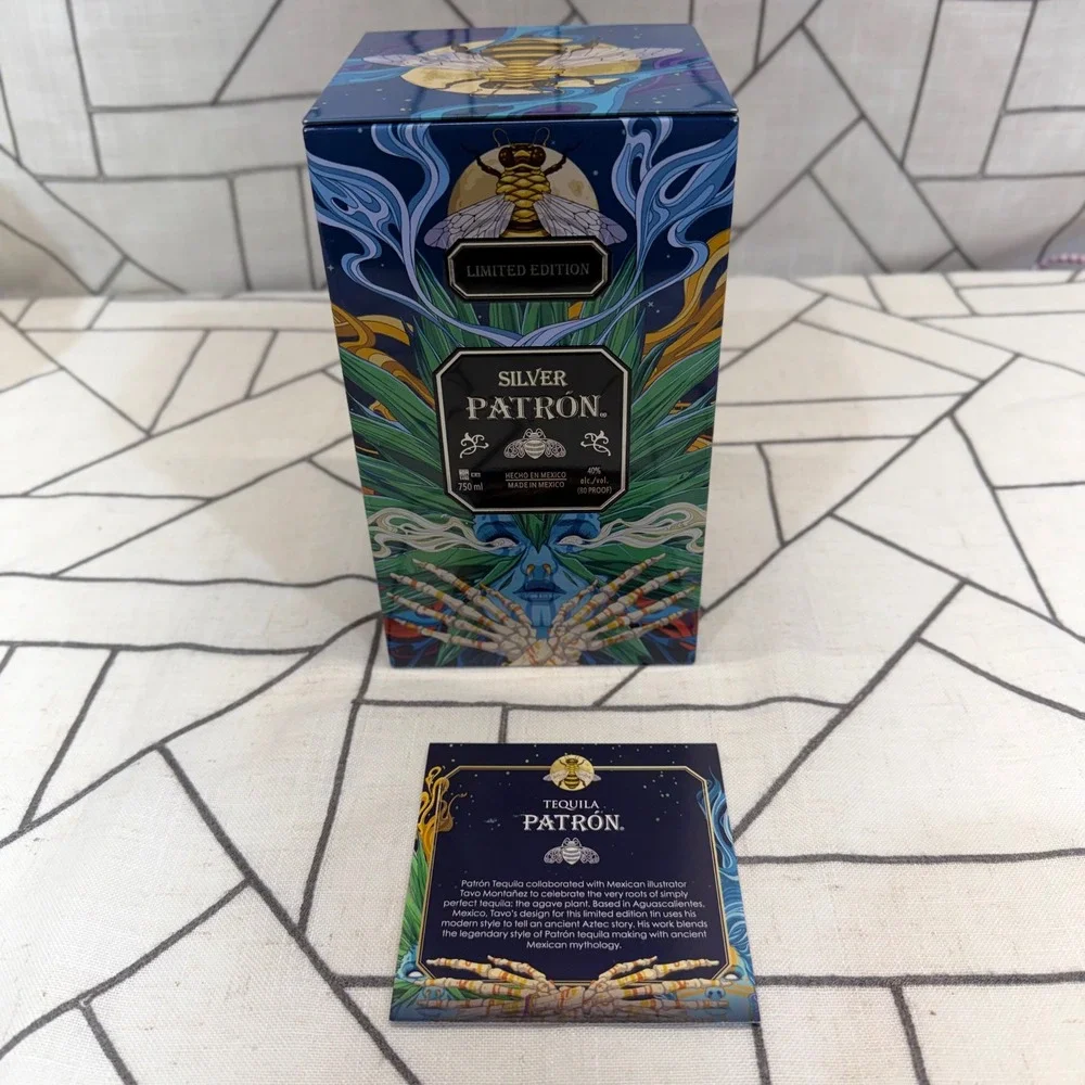 Patron Silver Tequila Limited Edition Tin Tavo Montañez Blue Aztec Art 750ml